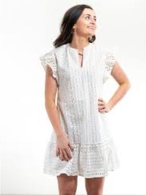 Liza Byrd The Willow White Cotton Embroidered Eyelet Ruffle Mini Dress S